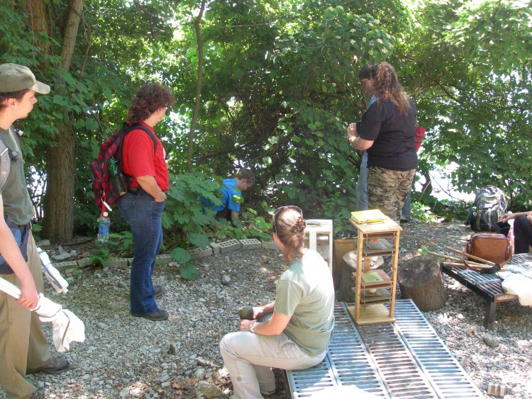 Michael Chips installs a pitfall trap as the class looks on